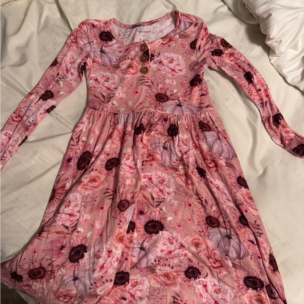 Posh Peanut Pink Pumpkin Floral Long Sleeve Kids Dress 6t